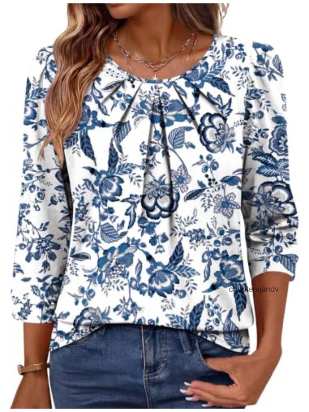 Womens 3/4 Sleeve Blouse Pleated Front Puff Sleeve Flowy Business Casual Top